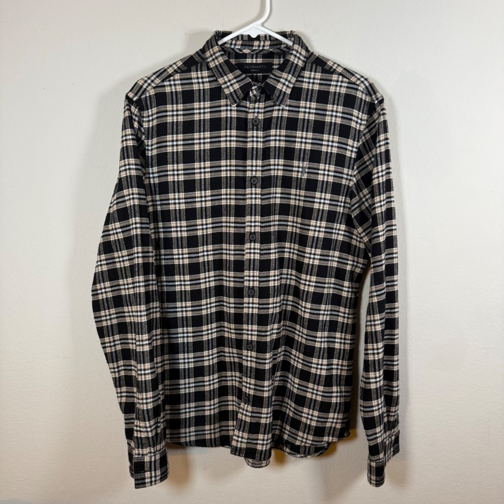 ALLSAINTS Men's Plaid Flannel Button Down Shirt Black Tan Medium